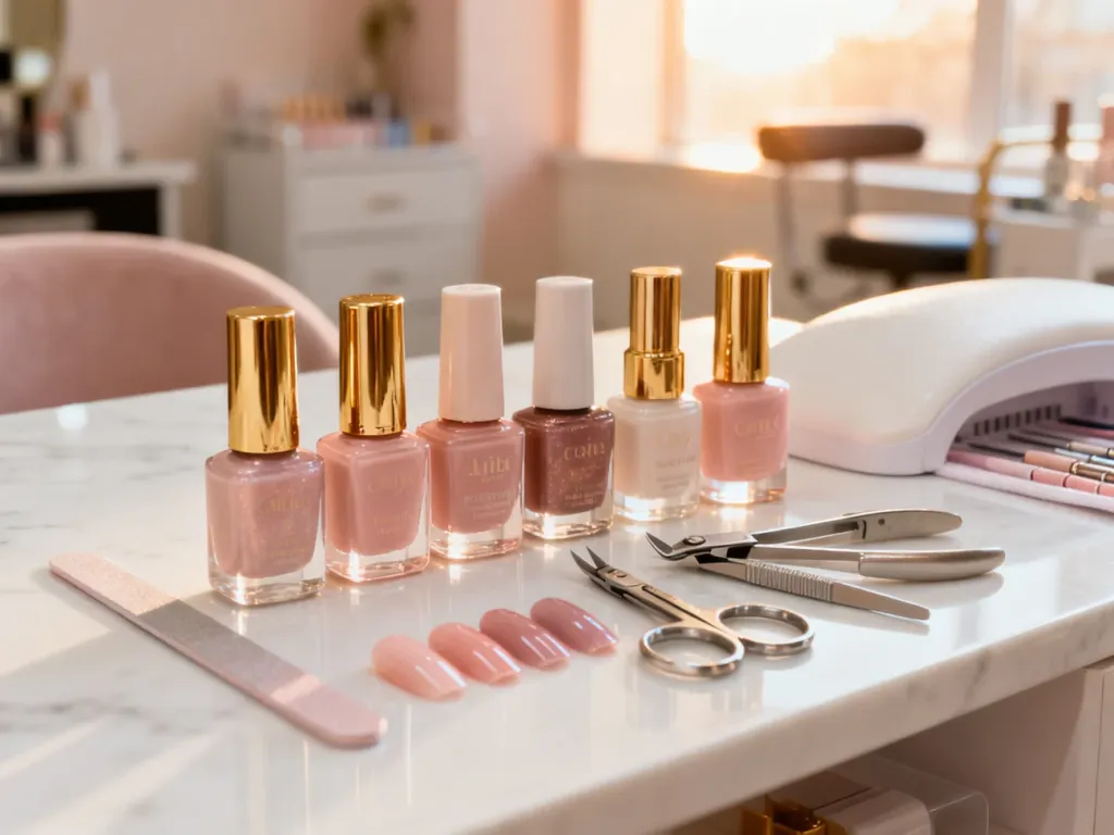 Profesjonalne akcesoria do manicure i buteleczki z bazami hybrydowymi ustawione na marmurowym blacie w salonie kosmetycznym.