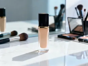 Różne odcienie korektorów w płynie oraz ich próbki na marmurowym blacie, prezentujące tekstury produktów do makijażu.