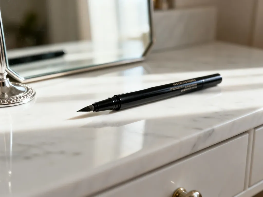 Czarny eyeliner w pisaku leżący na marmurowym blacie obok eleganckiego lusterka w minimalistycznym wnętrzu.