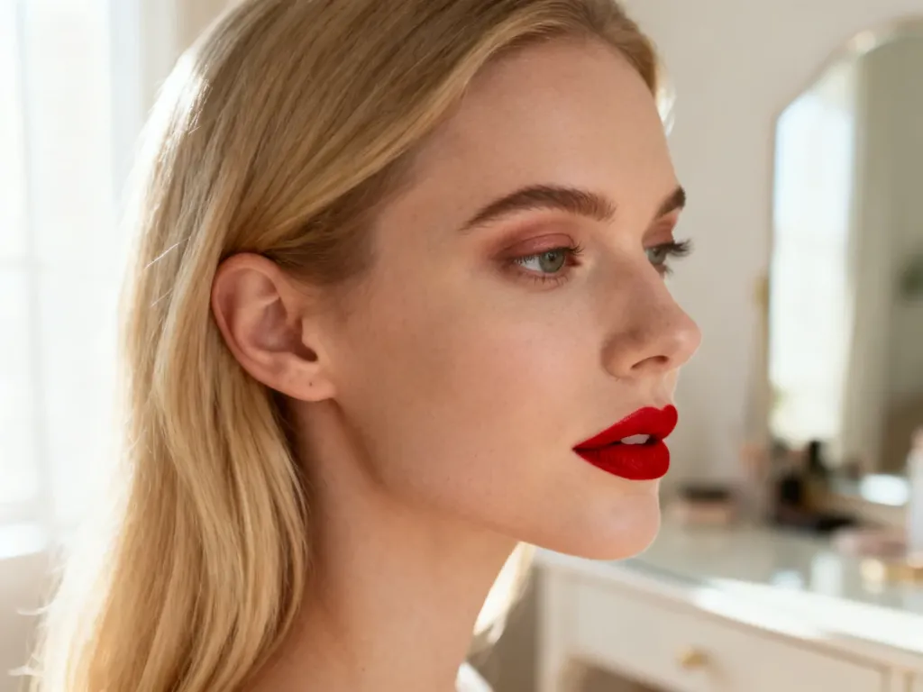Kobieta o blond włosach w klasycznej czerwonej szmince, prezentująca elegancki makijaż w naturalnym świetle.