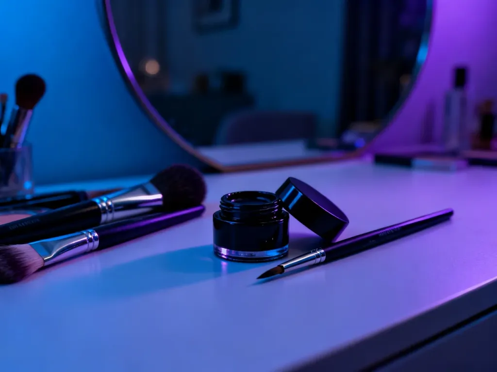 Profesjonalny zestaw do makijażu oczu: czarny eyeliner w żelu oraz pędzelki na toaletce w nastrojowym, ciemnym oświetleniu.