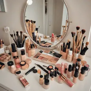 Czarny eyeliner w pisaku leżący na białej toaletce obok lusterka, przygotowany do wykonania makijażu oczu.