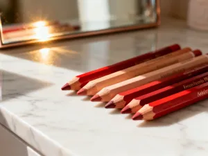 Zestaw wysokiej jakości eyelinerów w płynie i kredek na marmurowym blacie w profesjonalnym kąciku do makijażu.