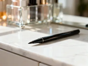 Czarny eyeliner w pisaku leżący na białej toaletce obok lusterka, przygotowany do wykonania makijażu oczu.