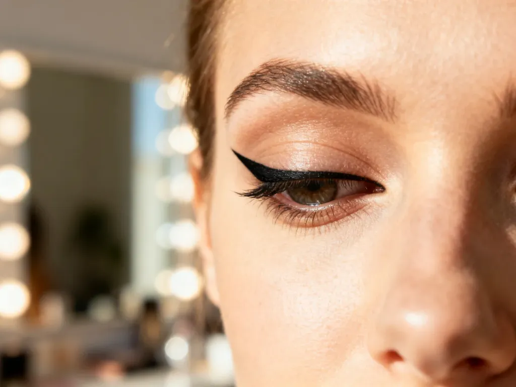 Subtelna, czarna kreska typu eyeliner wykonana na powiece z opadającym kącikiem, narysowana prosto dla idealnego efektu.