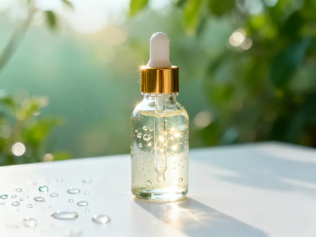 Szklana buteleczka z serum do twarzy na tle porannej rosy i zieleni, podkreślająca efekt świeżej, promiennej cery.
