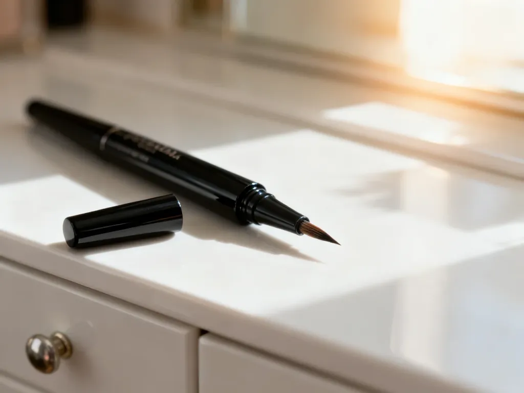 Profesjonalny eyeliner w płynie i pędzelek do precyzyjnego makijażu oczu na białym blacie.